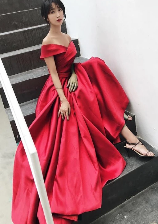 Beautiful Red Satin Off Shoulder Long Party Dress, Red Prom Dress  cg8014