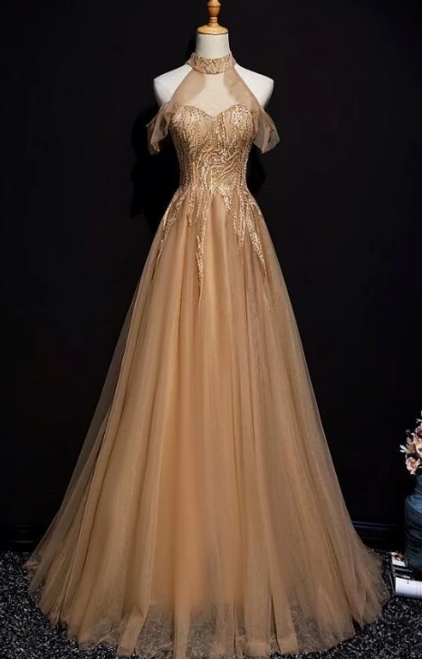 Champagne Tulle Halter Long Party prom Dress, A-Line Formal Gown  cg8015