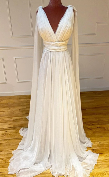 WHITE V NECK CHIFFON LONG PROM DRESS WHITE FORMAL DRESS  cg8017