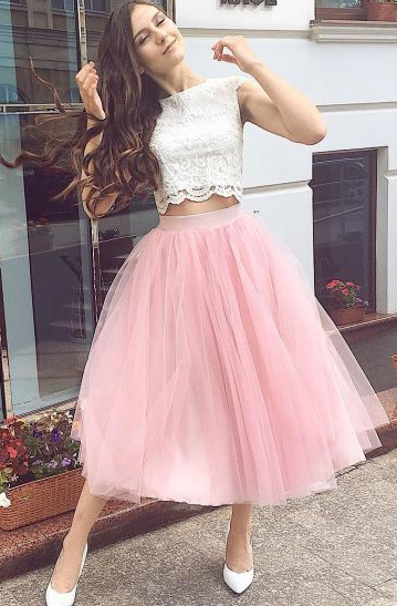 Fashion Two Piece Pink Homecoming Dress, Tulle Lace Party Dress  cg8030