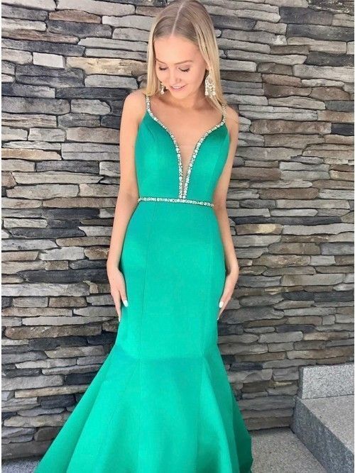 V neck Straps Green Mermaid Spaghetti Straps Prom Dress with Beading  cg8032