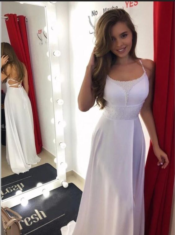 Stylish White A Line Long Prom Dresses, Sexy Evening Party Dress, Formal Dress  cg8034