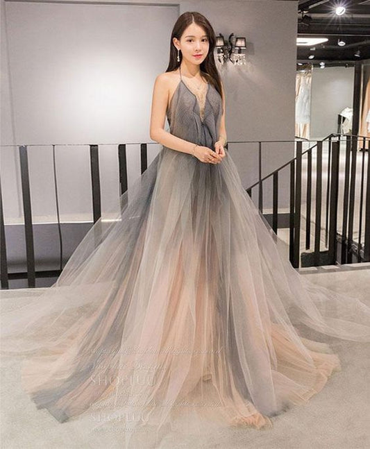 Gray v neck tulle long prom dress, gray tulle evening dress  cg8041