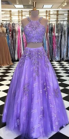 Charming Customize Two Pieces Strapless Lavender Lace Long Prom Dresses  cg8073