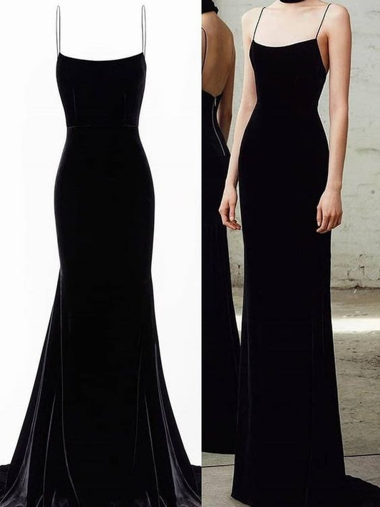 Spaghetti Straps Black Mermaid Long Prom Dresses, Black Mermaid Long Formal Evening Dresses  cg8078