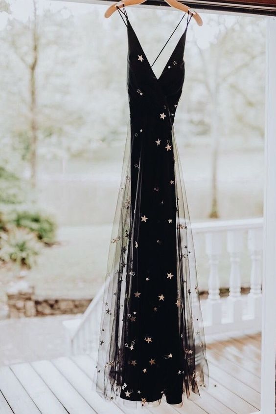 A line v neck black prom dress with stars  cg8087