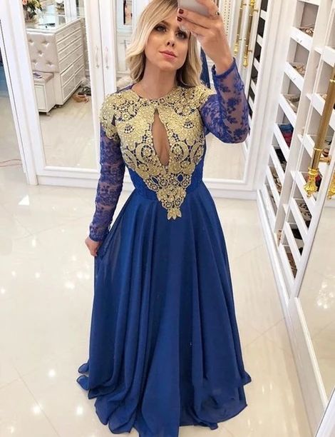 Royal Blue Long Sleeves Prom Dress Gold Appliques Chiffon Dresses  cg8088