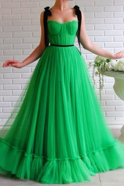 A-line Black Straps Sage Long Charming Prom Dresses Tulle Evening Dress   cg8089