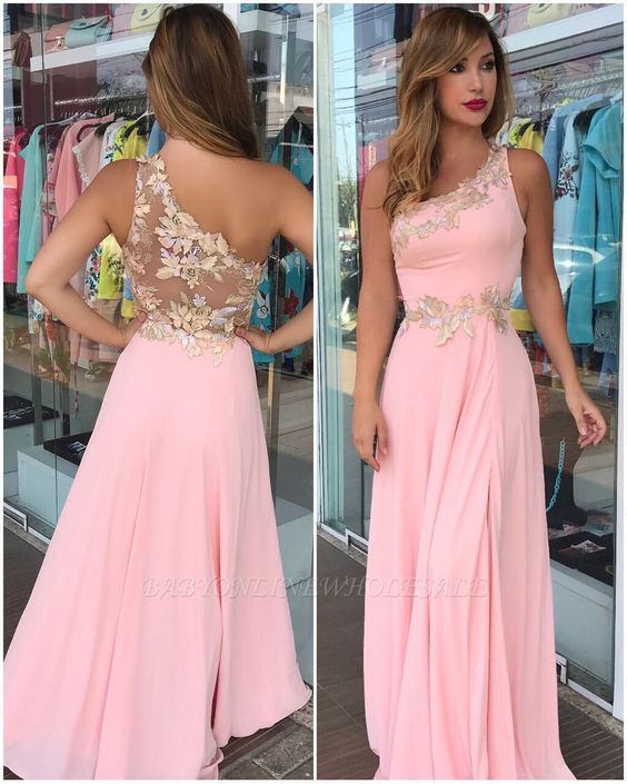 Pink One-Shoulder Sleeveless Floor-Long Flowers Prom Dress  cg8095