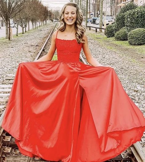 Red satin lace long prom dress evening dress  cg8100