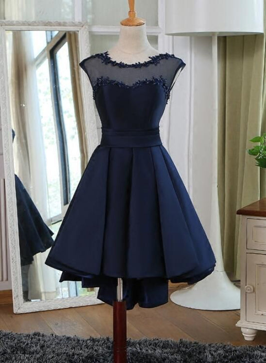 Navy Blue Satin High Low Homecoming Dresses  cg8103