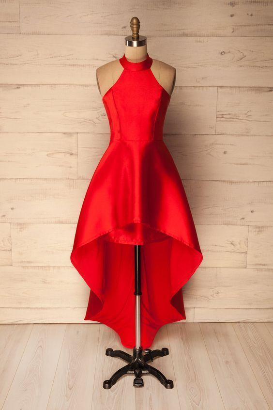 Simple red satin prom dress,high low prom dress  cg8104