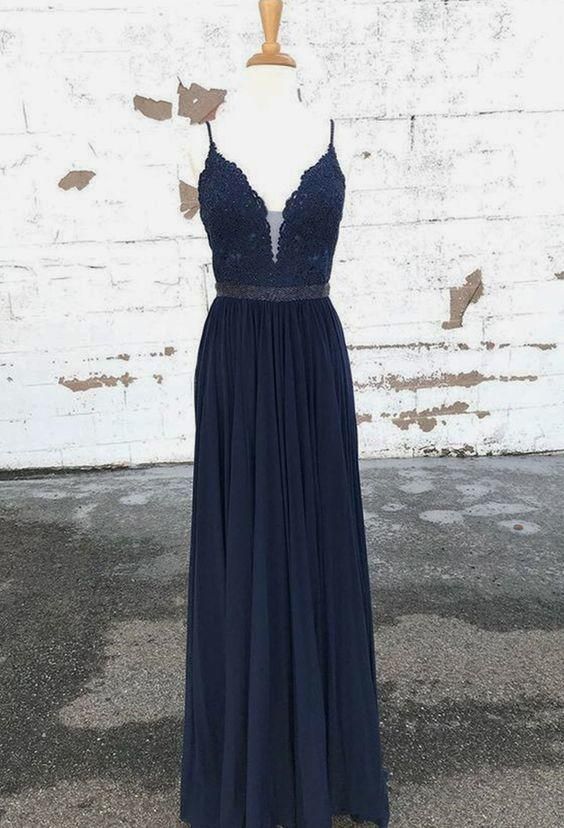 Back Chiffon Navy Long Prom Dresses with Appliques, cg8111