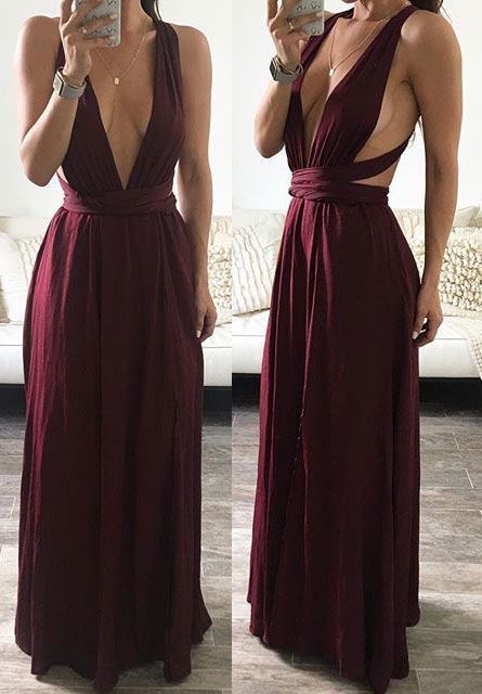 Sexy Floor Length Burgundy Convertible Prom Dresses with Slit Side   cg8116