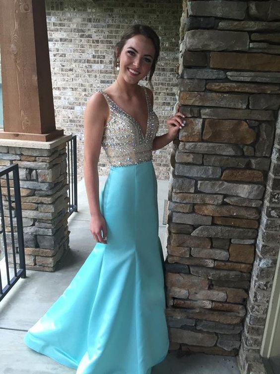 Sexy V neck Blue Mermaid Prom Dresses, Beaded Wedding Party Gowns, Long Evening Dress  cg8141