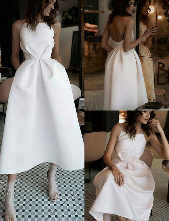 A-Line Spaghetti Straps Backless Tea-Length White Prom Dress With Pockets  cg8151