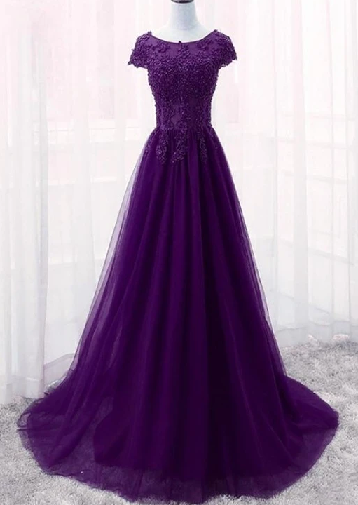 Cute Purple Tulle With Lace Applique Long Party Dress, New Prom Gown  cg8164