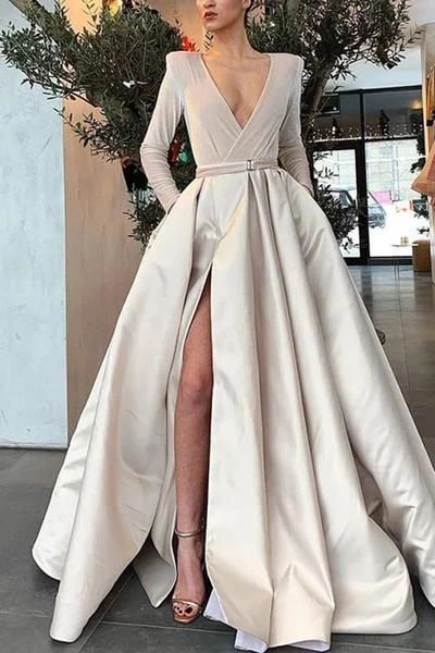 Elegant Fashion Slim Color Block Long Sleeve Fork Prom Dress  cg8167
