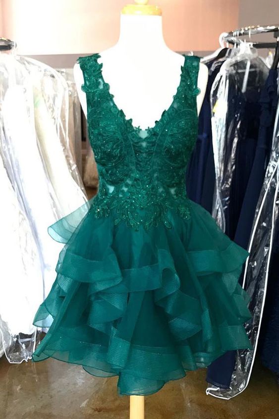 Princess Flounced Dark Green Homecoming Dress with Lace  cg8170