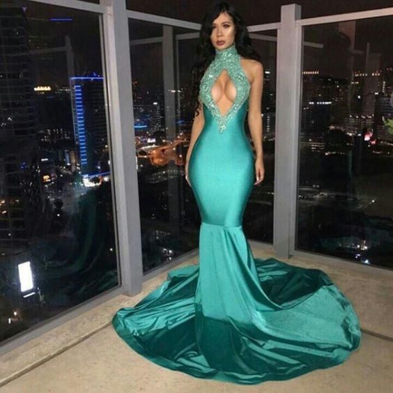 Plus Size Prom Dresses, Sexy Elastic Satin Mermaid Jade High Neck Key Hole Long Prom Dresses  cg8179