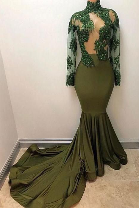 Green lace mermaid long prom dress, green evening dress  cg8181