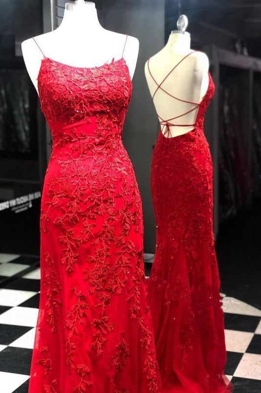 red lace long prom dress with spaghetti straps and lace up back  cg8184