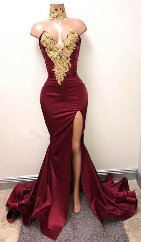 Gorgeous Burgundy Mermaid Prom Dresses Gold Lace Appliques Side Slit Evening Gowns  cg8214