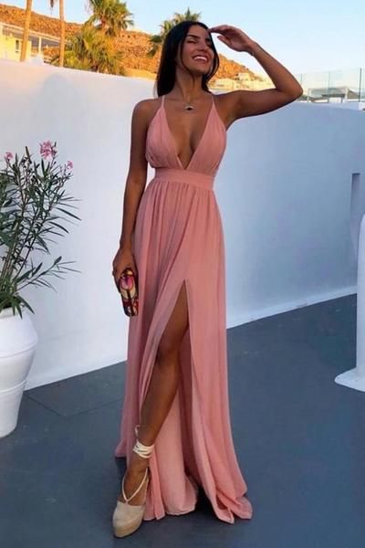 A-Line Deep V-Neck Backless Floor-Length Pink Chiffon Prom Dress with Split   cg8225