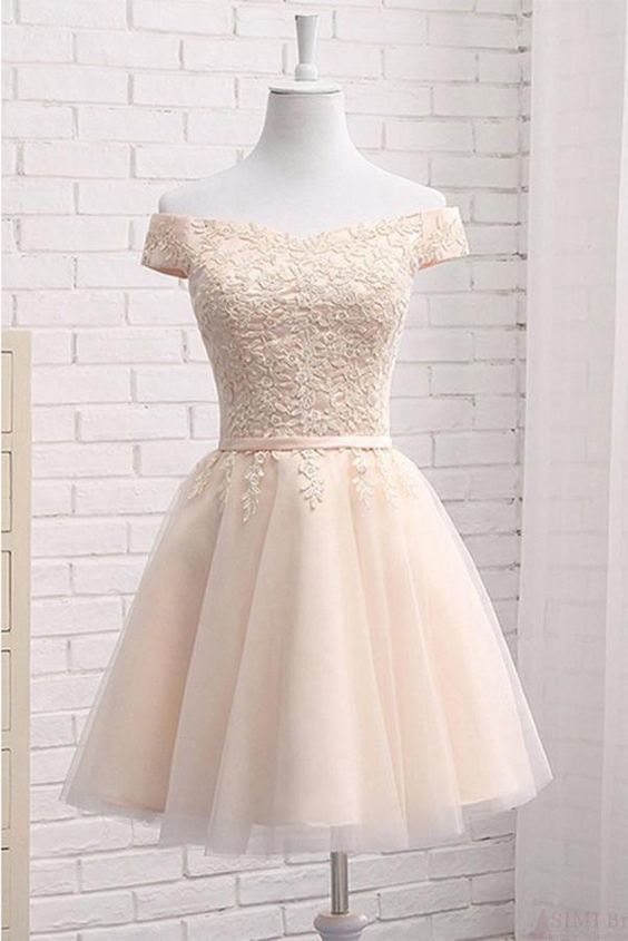 A Line Off Shoulder Tulle Short Homecoming Dress with Appliques, Mini Sweet 16 Dress  cg8293
