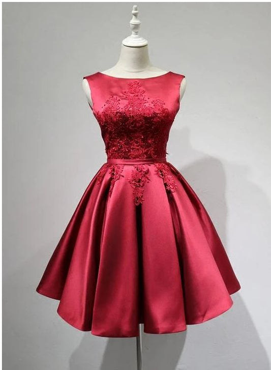 Lovely Dark Red Homecoming Dress, Round Neckline Satin Party Dress   cg8387