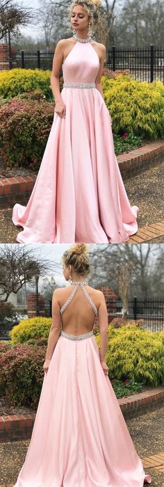 Charming High Neck Pink Beaded Long Prom Dress,Open Back Evening Dresses cg839