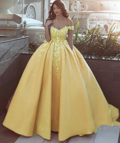 Elegant beautiful off the shoulder flower Ball Gown Prom Dress Appliques Lace Satin Prom Gowns cg843