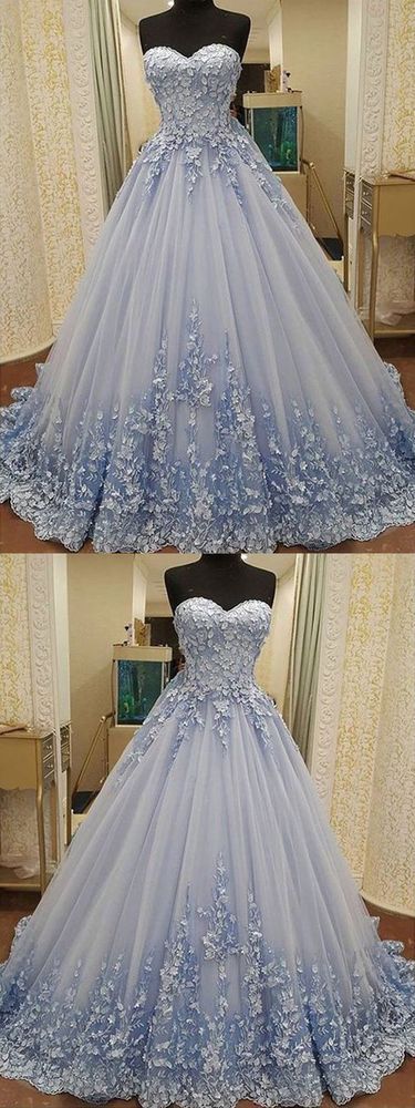 Gorgeous Ball Gown Sweetheart Light Blue Lace Long Prom Dresses with Appliques, Luxurious Quinceanera Dresses cg848