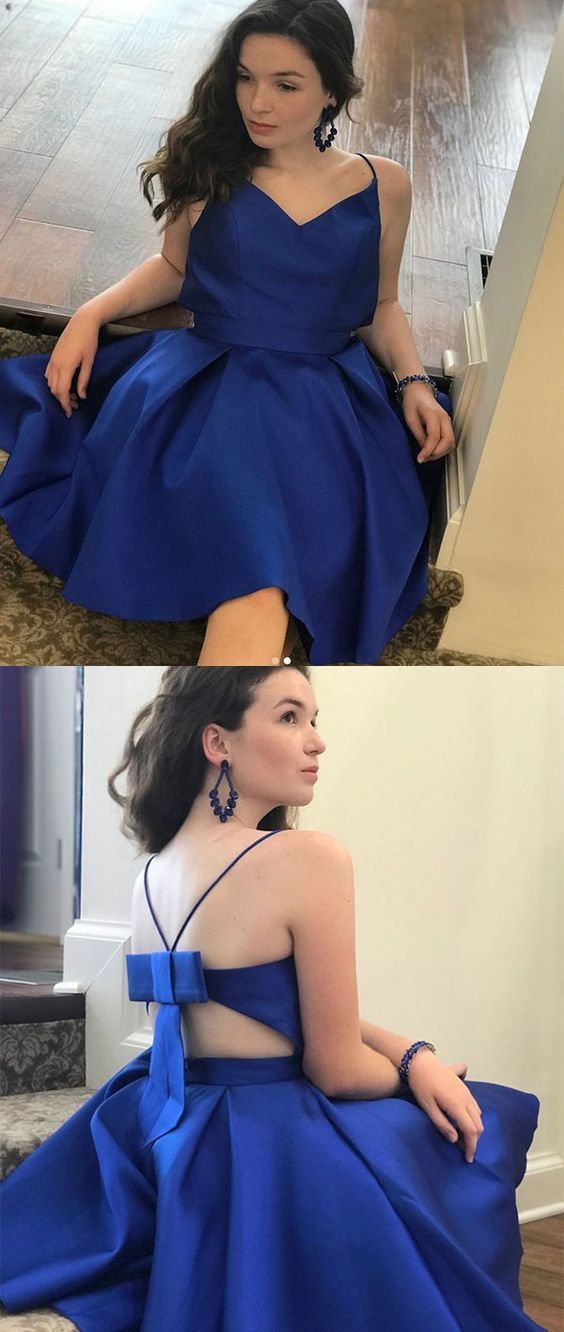 Simple blue v neck short dress, blue homecoming dress cg852