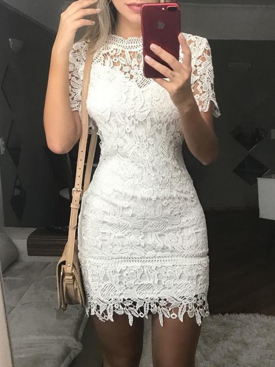 2020 Homecoming dress See Through Lace Crochet Bodycon Mini Dress  cg8586