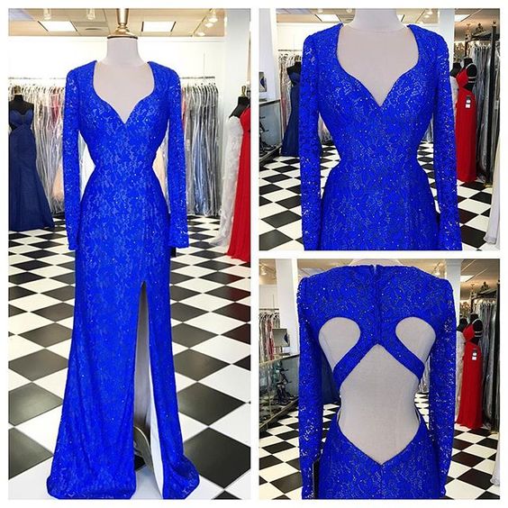 Royal Blue Prom Dresses,Lace Evening Dress,Sexy Prom Dress,Prom Dresses With Long Sleeves,Charming Prom Gown  cg8639