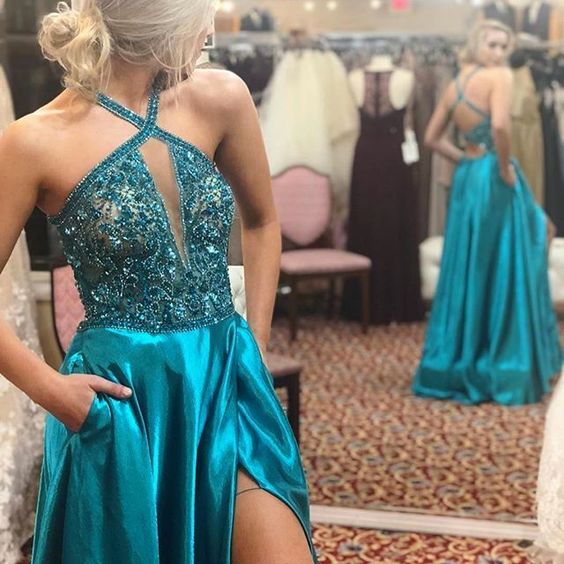 Beaded Halter Blue A-Line Prom Dress with Slit, long prom dress, evening dress,prom dress  cg8829