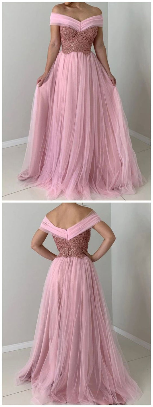 A-line Off the Shoulder Tulle Long Prom Dress with Lace Appliques  cg8928