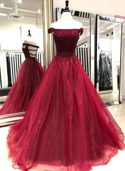 Burgundy tulle off shoulder beaded long prom dress, burgundy evening dress with sleeve  cg8941