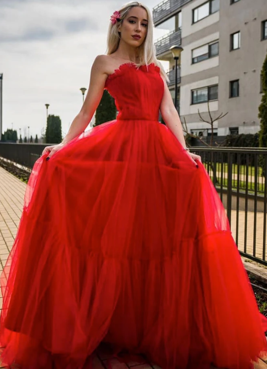 RED TULLE LONG PROM DRESS RED TULLE FORMAL DRESS  cg8948