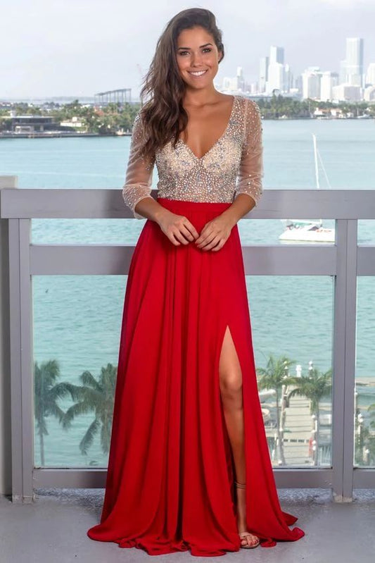 Sexy Slit Beaded Long Sleeve Deep V-back Evening Dress prom dress cg8960