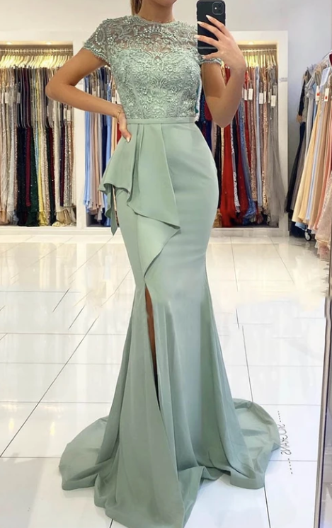 Green lace long prom dress mermaid evening dress  cg8966