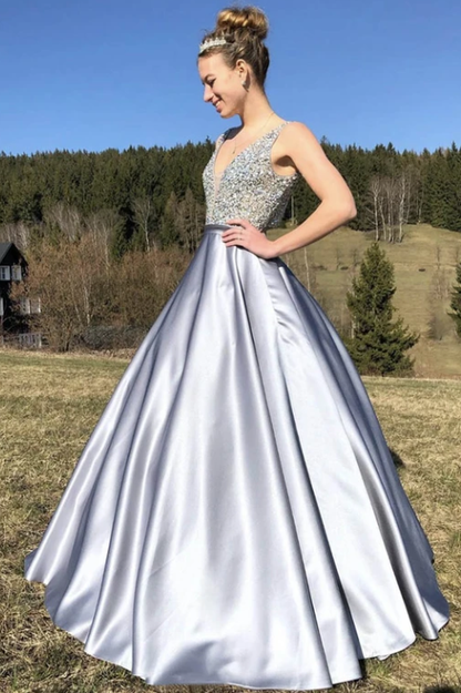 Gray satin beads long prom dress evening dress  cg8967