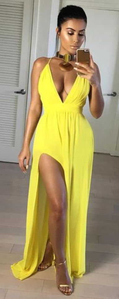 Yellow Prom Dress,Long Prom Dresses,Side Slit Prom Gown,Chiffon Prom Dress,  cg9029