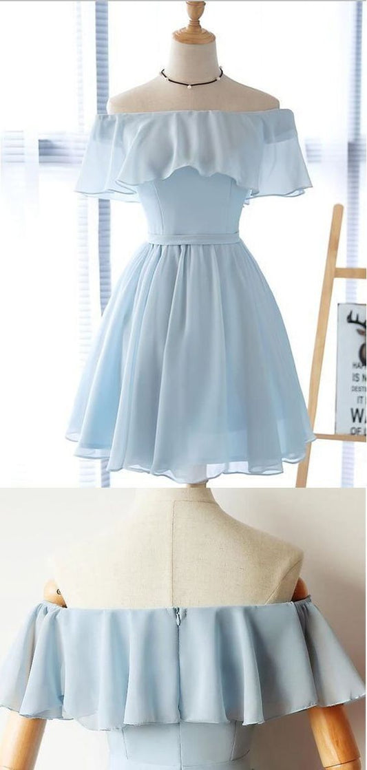 Simple Off The Shoulder Light Blue Chiffon A Line Short Homecoming Dress cg9058