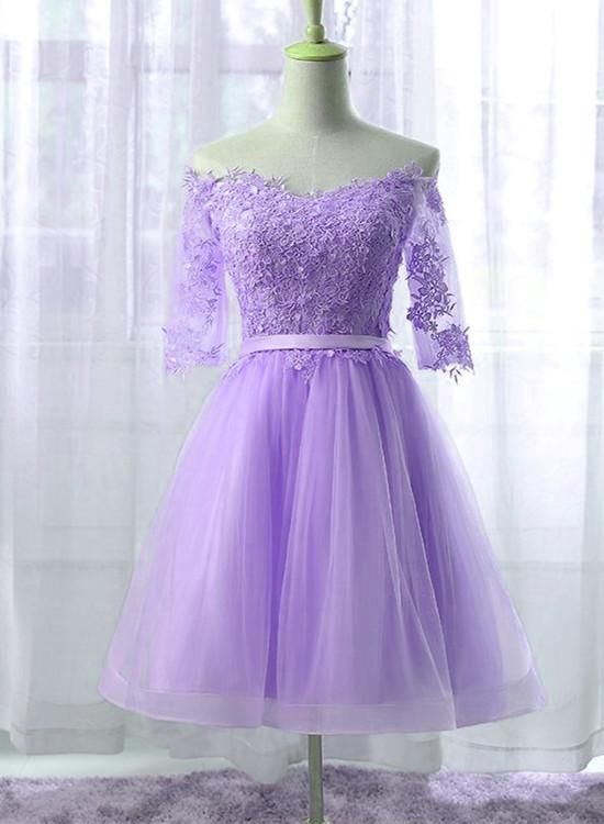 Beautiful Light Purple Tulle Short Sleeves Party Dresses 2020, Knee Length Homecoming Dress  cg9067