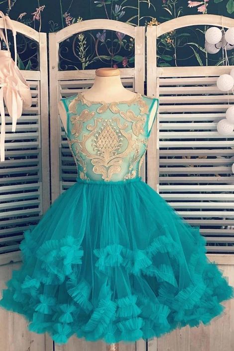 Green tulle lace short dress, green lace homecoming dress  cg9074