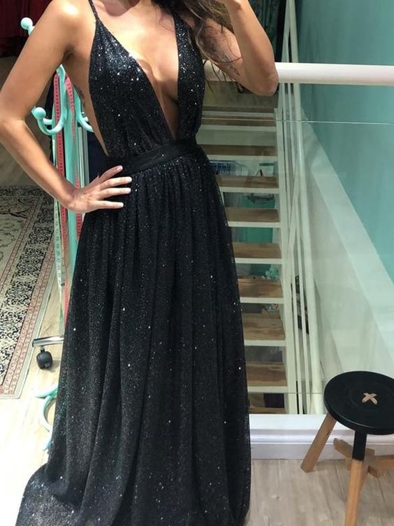 Black Sequin V-neck Spaghetti Strap Backless Long Prom Dresses  cg9167