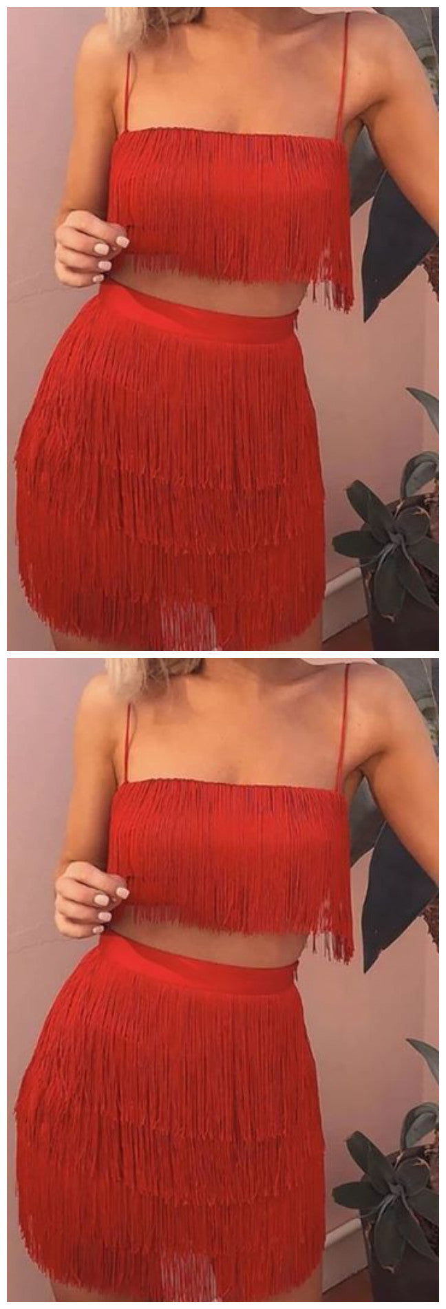 Sleeveless Spaghetti Strap Fringe Crop Top Bodycon Two Piece Mini Homecoming Dress    cg9312