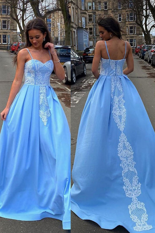 BLUE SWEETHEART NECK SATIN LACE LONG PROM DRESS BLUE FORMAL DRESS   cg9325